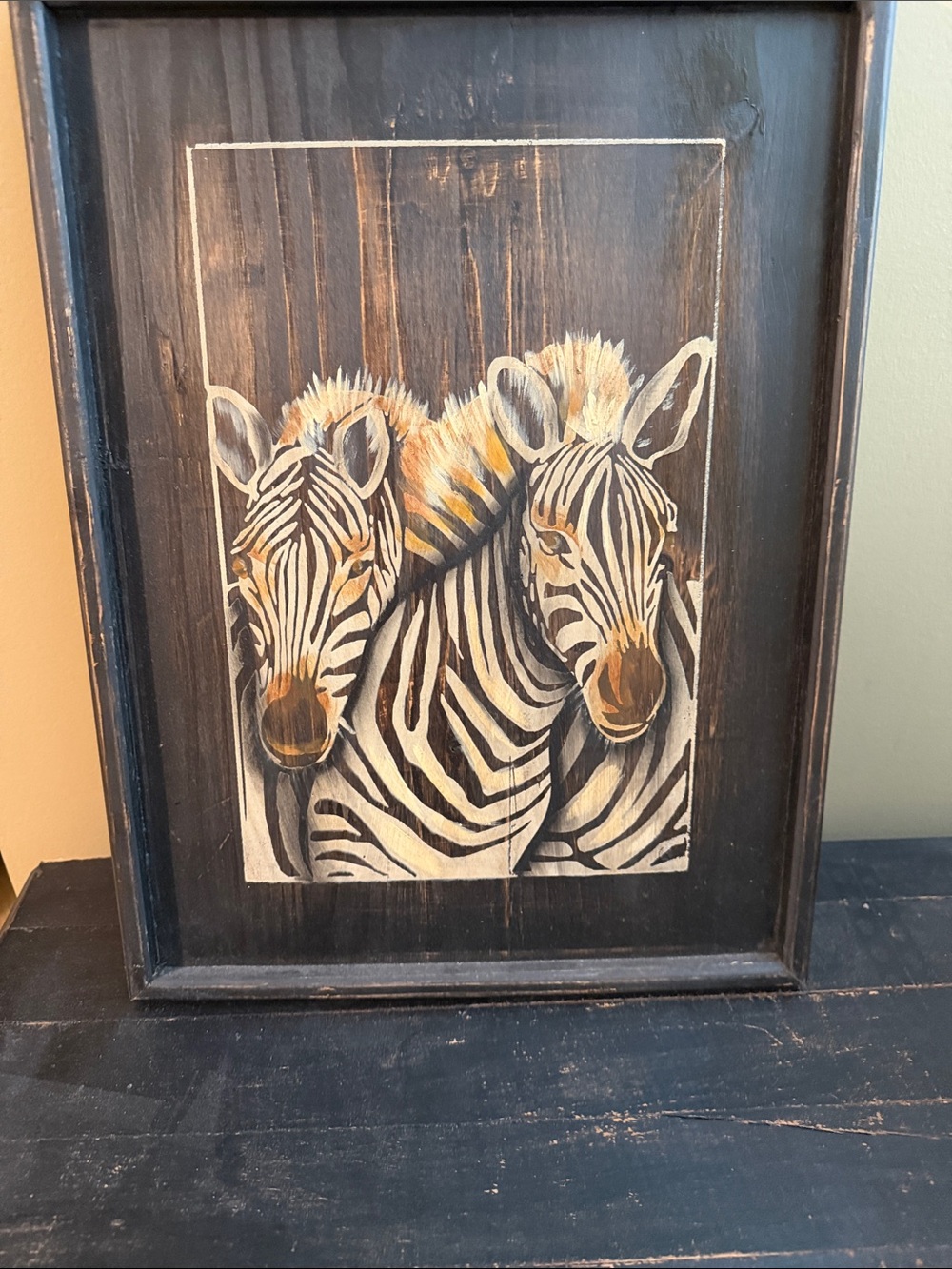 Zebra Pair Wood Wall Art - Black & White with Brown Accents